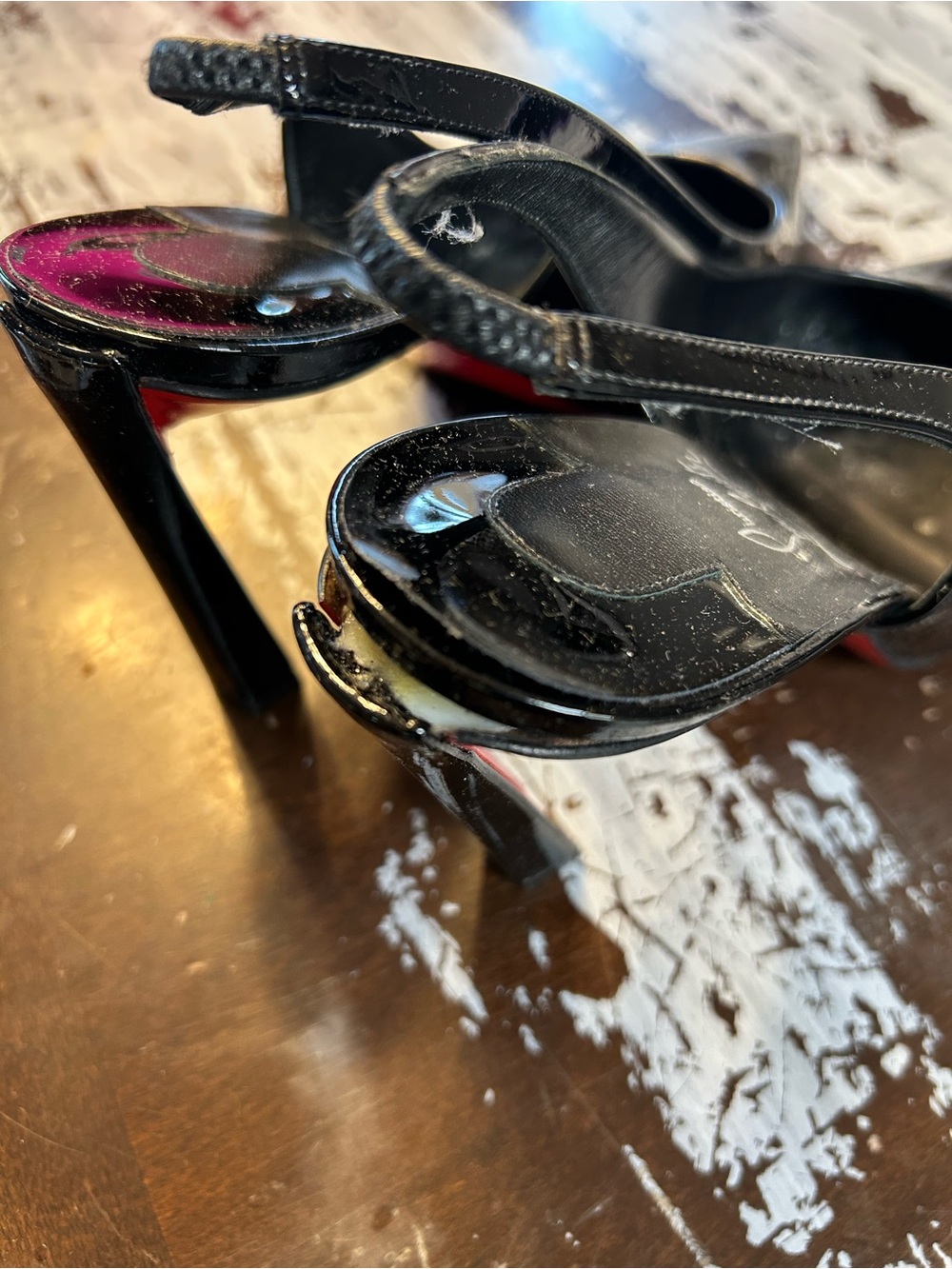 Christian Louboutin Black Patent Leather Slingback Pumps Size 42 DAMAGED - Picture 7 of 9